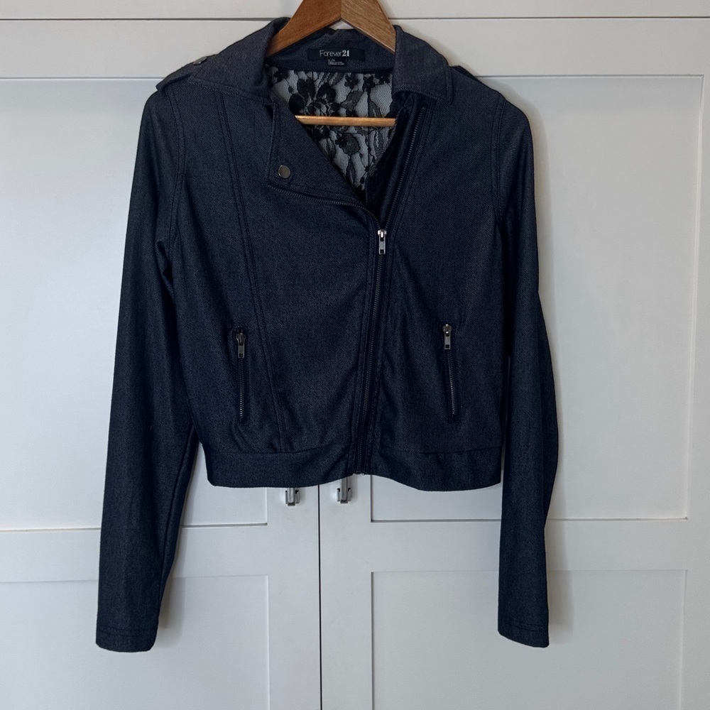 Forever 21 Dark Blue Jacket with Lace Lining on back. Size: Large